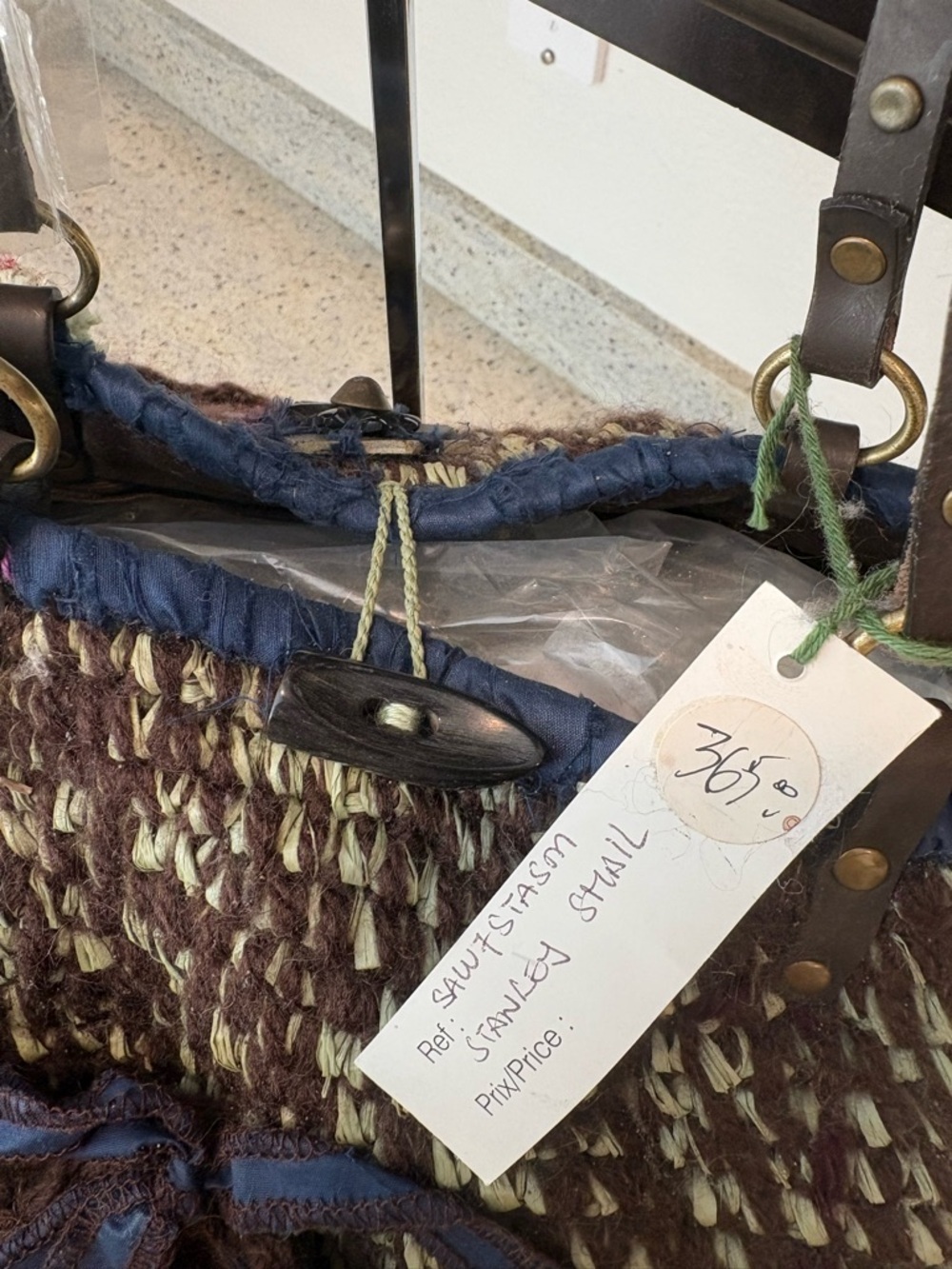 Brown Knit Shoulder Bag with Green Accent and Pom Detail - Picture 2 of 4